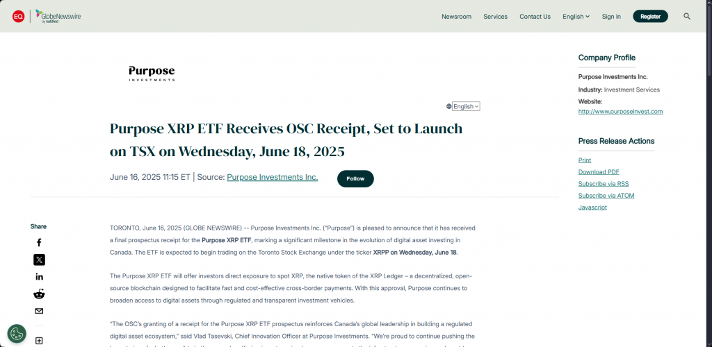 Purpose Investments XRP ETF announcement