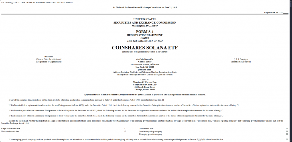 CoinShares SEC Filing Form S-1 SOL ETF