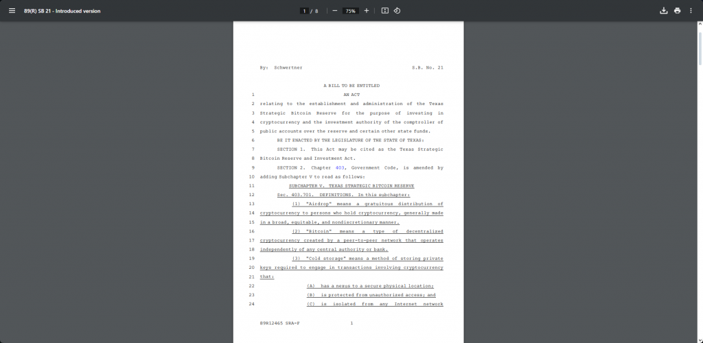 Texas Strategic Bitcoin Reserve bill text