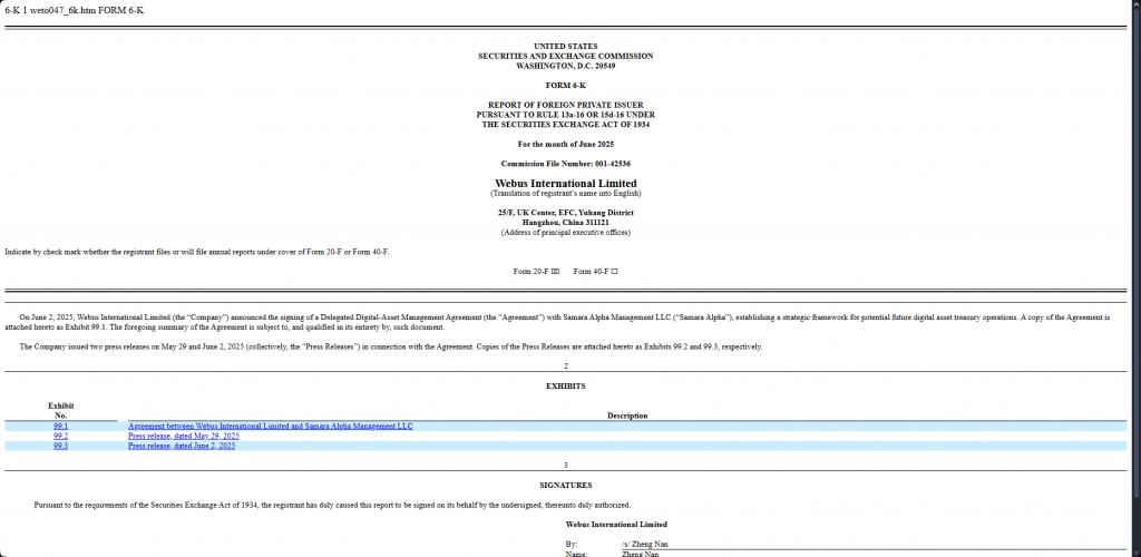 SEC filing document Webus International XRP