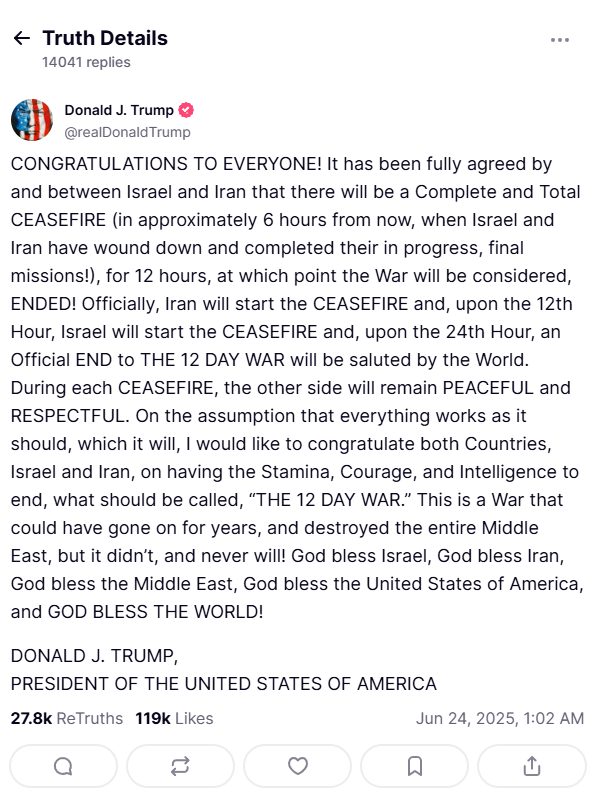 Official ceasefire announcement regarding Trump's true society