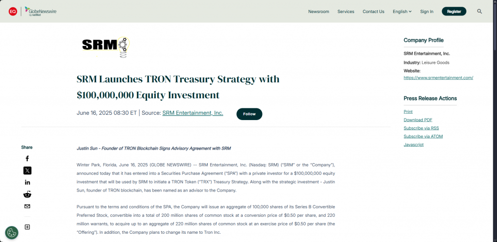 SRM Entertainment press release announcing TRON treasury strategy