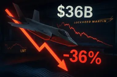 Lockheed Martin fighter jet (F-35) diving downward through red declining stock chart arrows