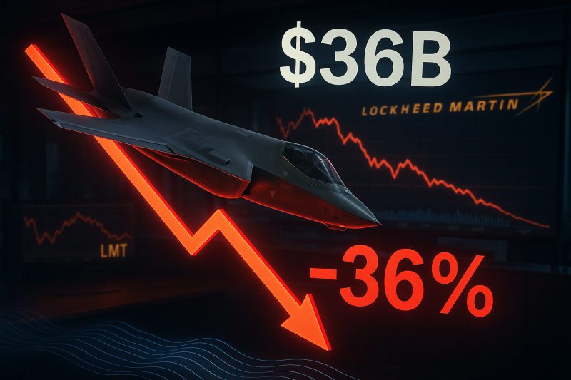 Lockheed Martin fighter jet (F-35) diving downward through red declining stock chart arrows
