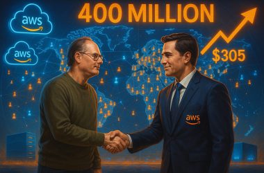 Epic Games CEO Tim Sweeney and Amazon executive shaking hands