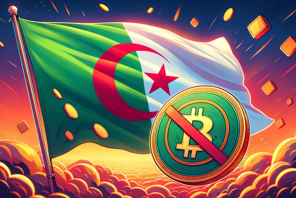 algeria flag in the wind with crypto coin ban