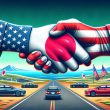 Japan flag shaking hands with US flag