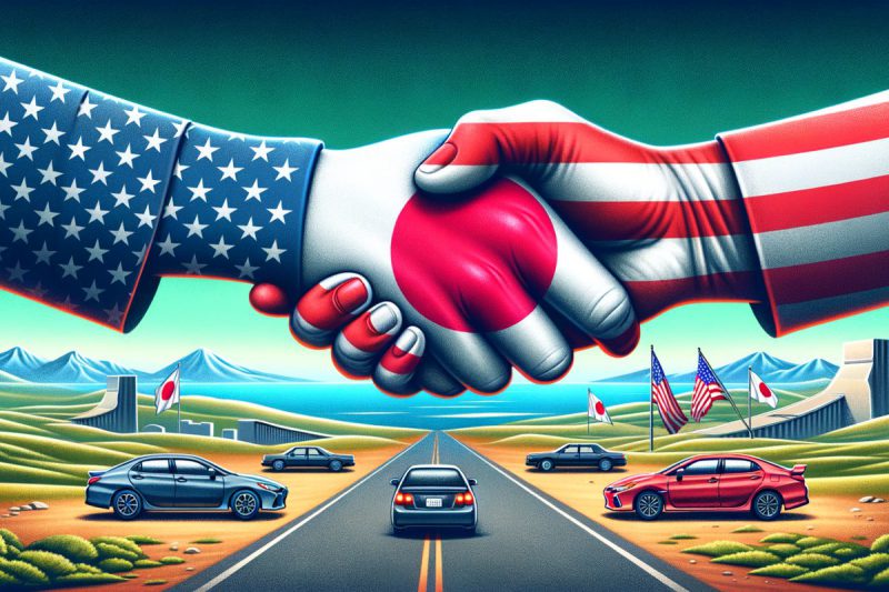 Japan flag shaking hands with US flag