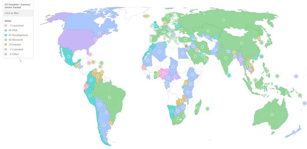 Global CBDC tracker map showing various country statuses
