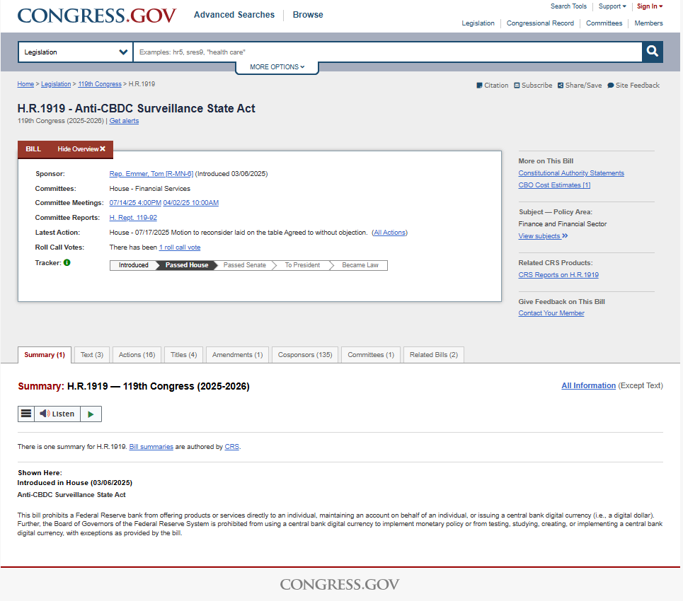the official Congress.gov webpage for H.R.1919, the "Anti-CBDC Surveillance State Act" from the 119th Congress