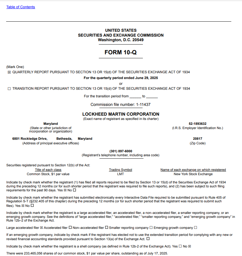 Lockheed Martin Corporation's Form 10-Q filing with the SEC for the quarterly period ended June 29, 2025