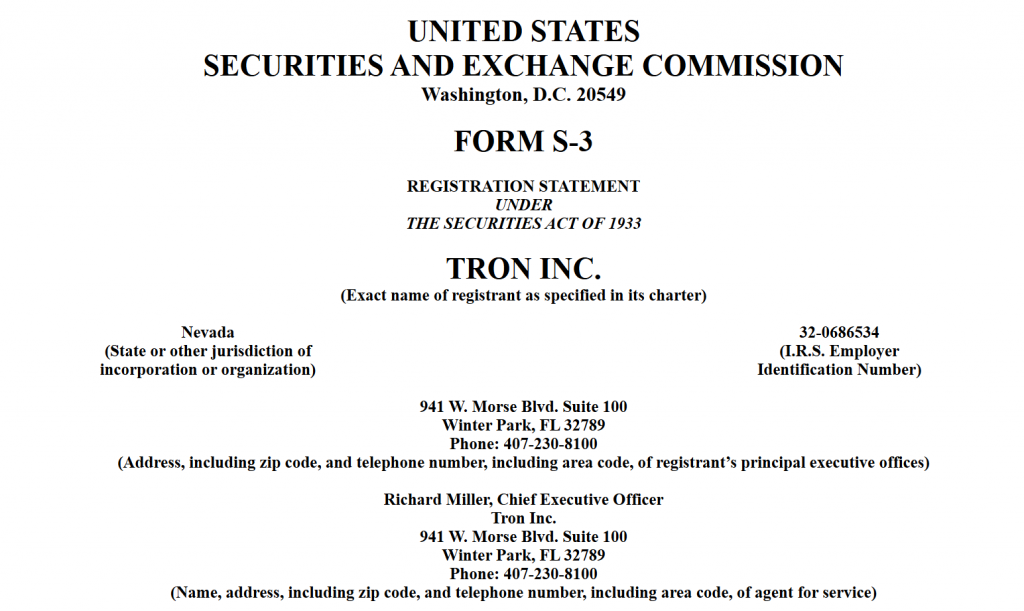 Tron Inc securities filing document