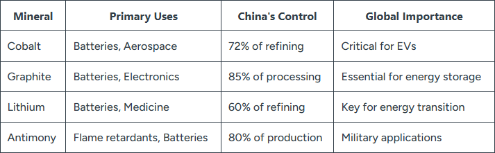 China's control over critical minerals including 72% of cobalt refining
