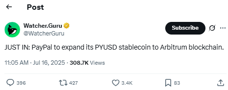 PayPal Expands PYUSD Stablecoin to Arbitrum