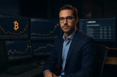 Professional financial analyst at modern trading desk with multiple screens showing Bitcoin charts and US government wallet addresse