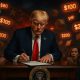 Trump at podium signing executive order with floating holographic packages and $80-$200 price tags swirling around