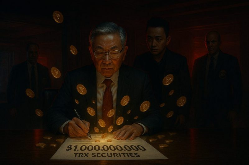 Weike Sun signing $1 billion TRX securities filing as golden tokens float around him while shadowy figures watch