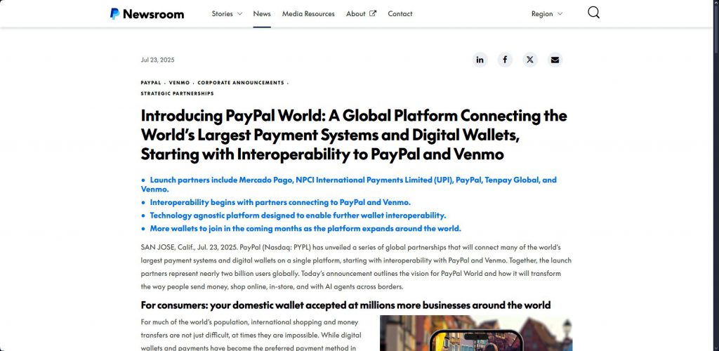 PayPal Newsroom press release announcement