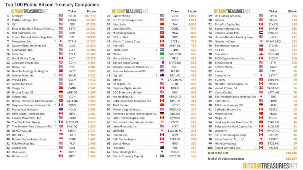 Top 100 Public Bitcoin Treasury Companies chart