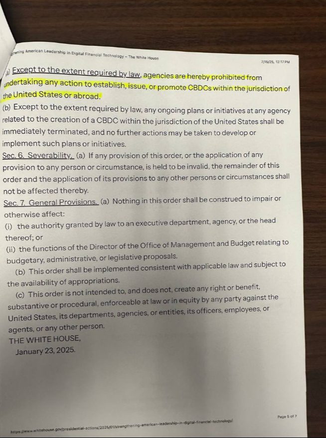 Executive order text prohibiting CBDC establishment