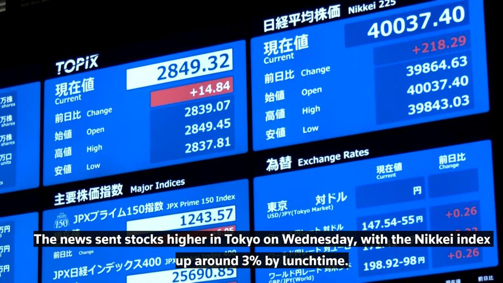 Tokyo Stock Exchange displays showing market gains