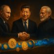 Putin, Xi Jinping, Modi shaking hands over a glowing digital oil pipeline