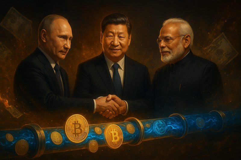 Putin, Xi Jinping, Modi shaking hands over a glowing digital oil pipeline