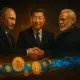 Putin, Xi Jinping, Modi shaking hands over a glowing digital oil pipeline