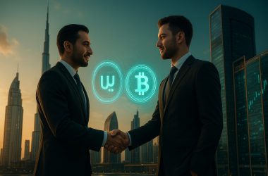 Professional handshake between two business executives in modern Dubai skyline backdrop