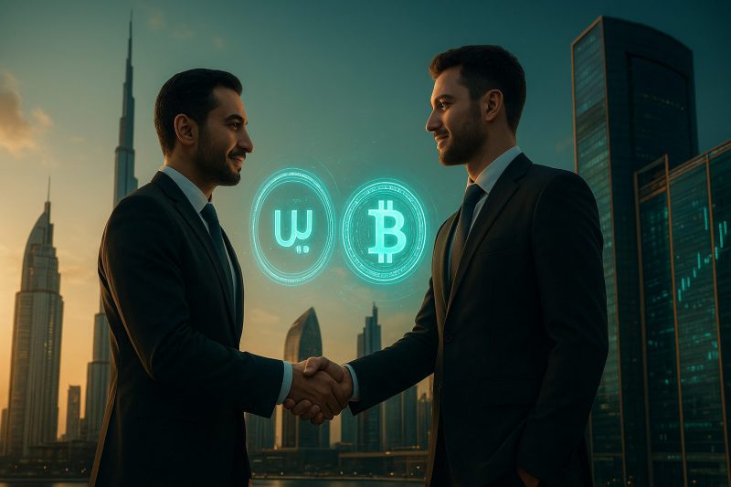 Professional handshake between two business executives in modern Dubai skyline backdrop
