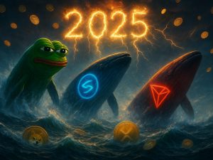 crypto whales emerging from turbulent ocean waves
