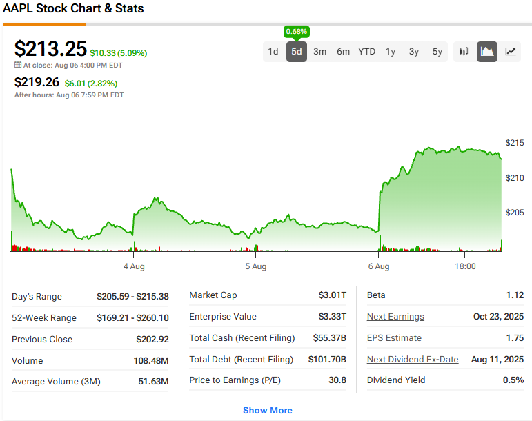 AAPL Stock Chart showing recent performance at $213.25