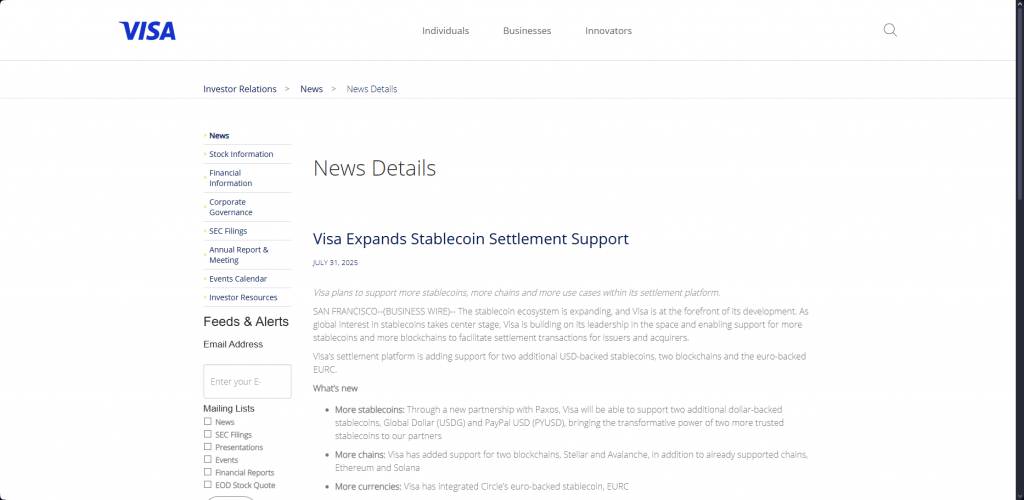 Visa Official Press Release - Screenshot showing Visa's investor relations page announcing "Visa Expands Stablecoin Settlement Support"
