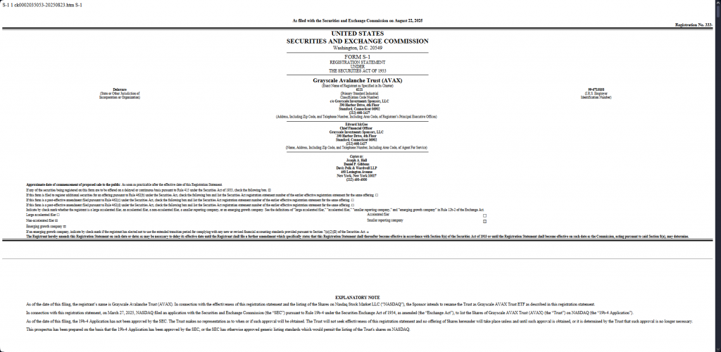 Grayscale SEC Avalanche ETF submission