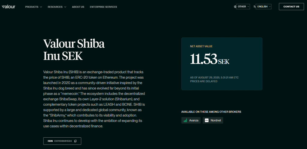 Valour Shiba Inu ETP product page showing 11.53 SEK net asset value and availability on Avanza and Nordnet brokers