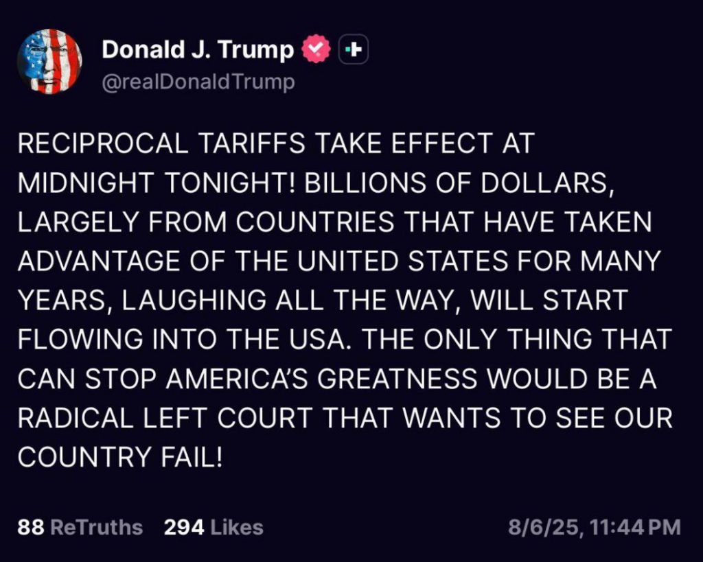 Trump tariffs post on Truth Social