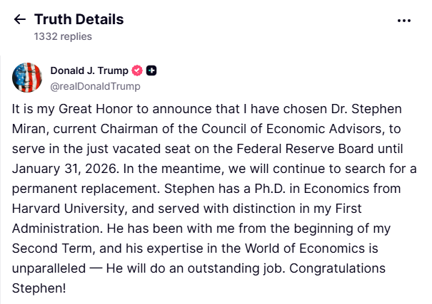 Trump's Truth Social announcement about Miran appointment