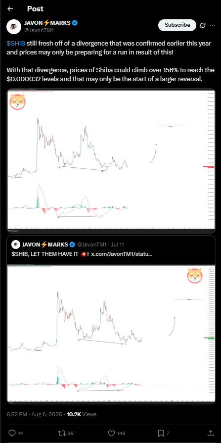 Javon Marks SHIB price prediction tweet with technical chart