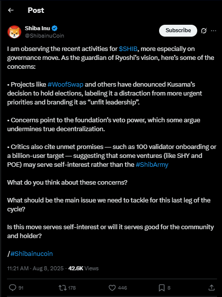 Shiba Inu official community post discussing governance concerns