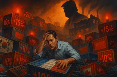 Small business owner drowning in a sea of shipping containers