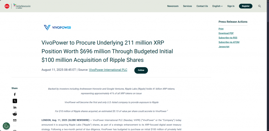 Official VivoPower press release Ripple XRP