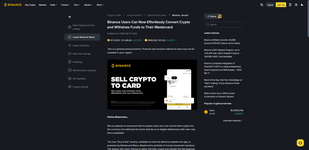 Binance announcement page for crypto-to-card feature