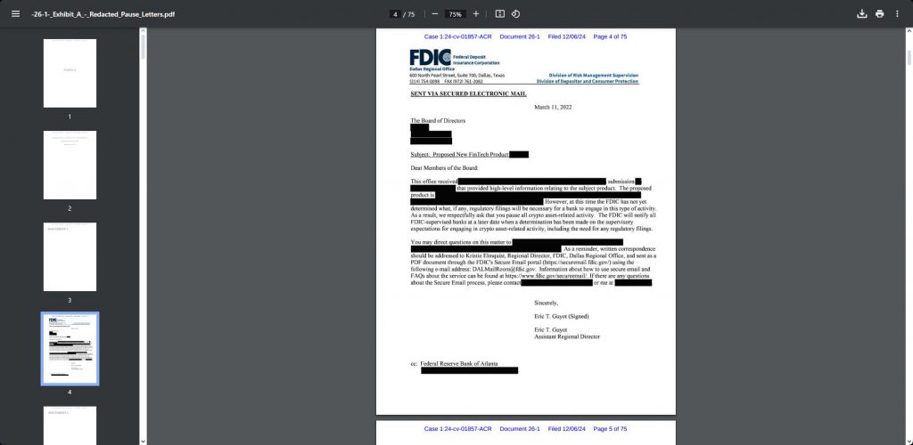 A redacted letter the FDIC sent in 2022 to a company asking it to pause its crypto activities