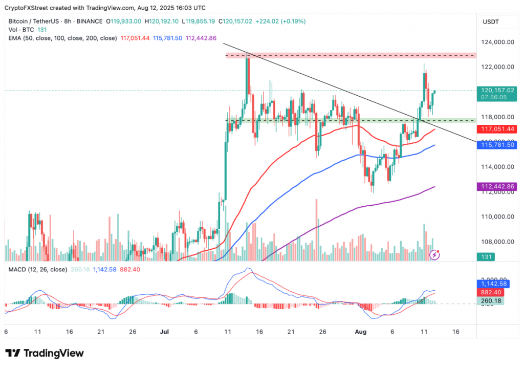 Bitcoin/TetherUS 8h BINANCE chart showing recent price movement and technical indicators