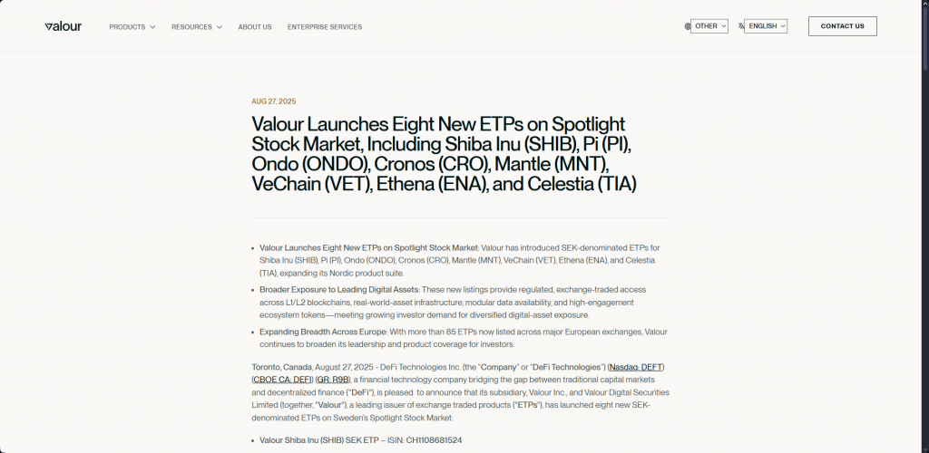 Valour website announcement showing the ETP launch