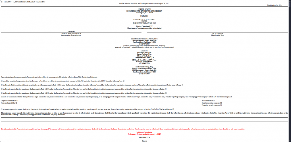 Bitwise Chainlink ETF SEC Filing (SEC Form S-1 registration document showing official filing)