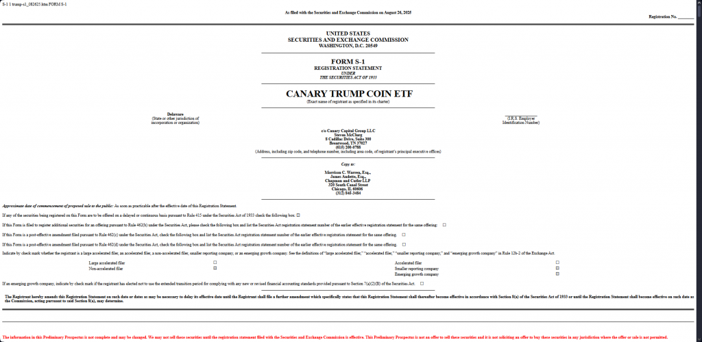 SEC Form S-1 filing document for Canary Trump Coin ETF