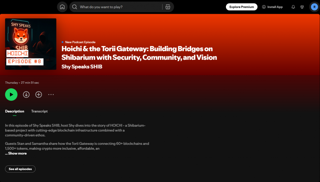Spotify podcast episode interface showing Hoichi developers discussion