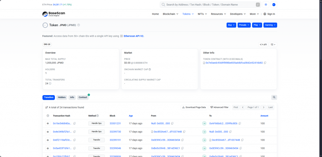 JPMD token on BaseScan showing transaction data and market information