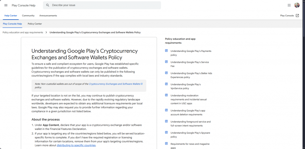 Google Play Help Center showing cryptocurrency exchanges policy